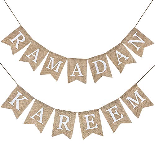 Ramdan Kareem Bunting Banner Eid Celebration Hanging Banner Burlap Bunting Decoration for Ramadan Kareem Supplies