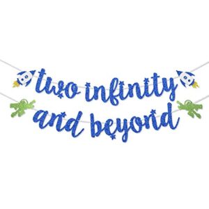 Dark Blue Glitter Two Infinity and Beyond Banner Pre-strung for Kids' 2nd Birthday Party Decorations