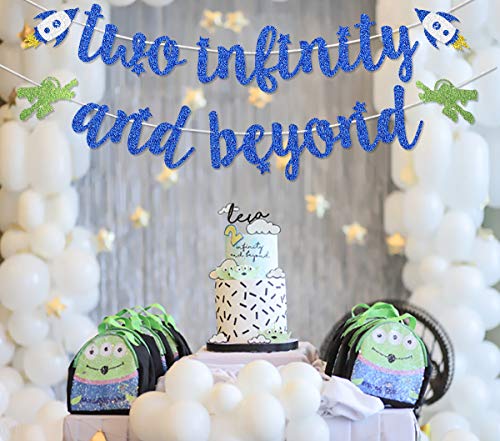 Dark Blue Glitter Two Infinity and Beyond Banner Pre-strung for Kids' 2nd Birthday Party Decorations