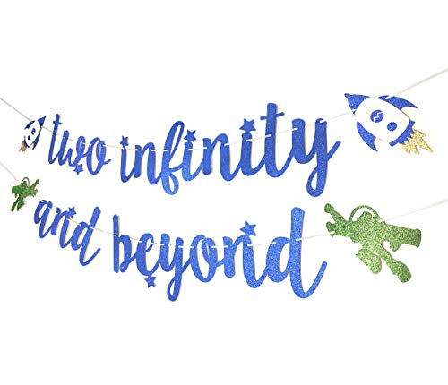 Dark Blue Glitter Two Infinity and Beyond Banner Pre-strung for Kids' 2nd Birthday Party Decorations