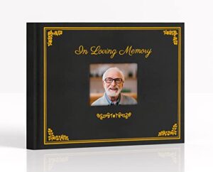 fancy dove funeral guest book with picture pocket. celebration of life sign in book with gold embossed leather hardcover. signature and memory book with 124 pages