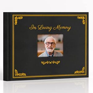 Fancy Dove Funeral Guest Book with Picture Pocket. Celebration of Life Sign in Book with Gold Embossed Leather Hardcover. Signature and Memory Book with 124 Pages