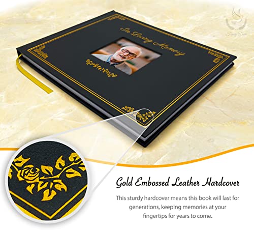 Fancy Dove Funeral Guest Book with Picture Pocket. Celebration of Life Sign in Book with Gold Embossed Leather Hardcover. Signature and Memory Book with 124 Pages