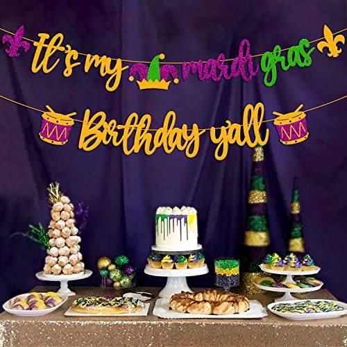 It’s My Mardi Gras Birthday Y’all Banner Carnival Fleur De Lis Shrove Fat Tuesday New Orleans Masquerade Theme Mardi Gras Party Glitter Decoration