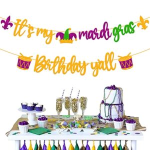 It’s My Mardi Gras Birthday Y’all Banner Carnival Fleur De Lis Shrove Fat Tuesday New Orleans Masquerade Theme Mardi Gras Party Glitter Decoration