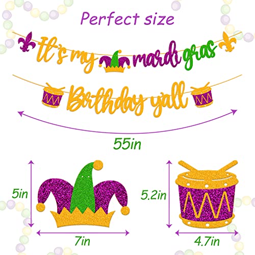 It’s My Mardi Gras Birthday Y’all Banner Carnival Fleur De Lis Shrove Fat Tuesday New Orleans Masquerade Theme Mardi Gras Party Glitter Decoration