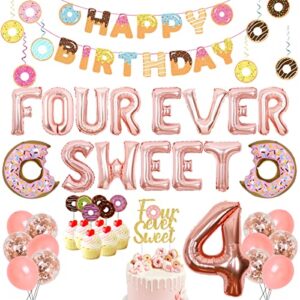 donuts 4th birthday party decorations, four ever sweet birthday decorations for girls with donut happy birthday banner, hanging swirls, four ever sweet balloons and cake topper