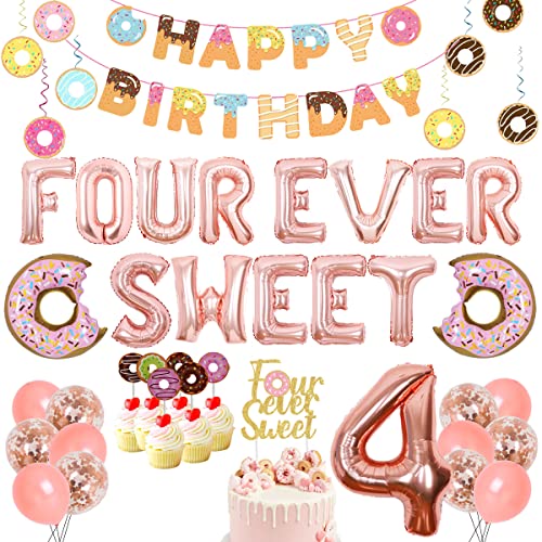 Donuts 4th Birthday Party Decorations, Four Ever Sweet Birthday Decorations for Girls with Donut Happy Birthday Banner, Hanging Swirls, Four Ever Sweet Balloons and Cake Topper