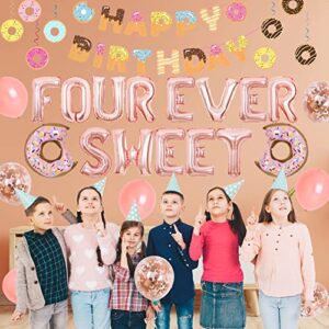 Donuts 4th Birthday Party Decorations, Four Ever Sweet Birthday Decorations for Girls with Donut Happy Birthday Banner, Hanging Swirls, Four Ever Sweet Balloons and Cake Topper