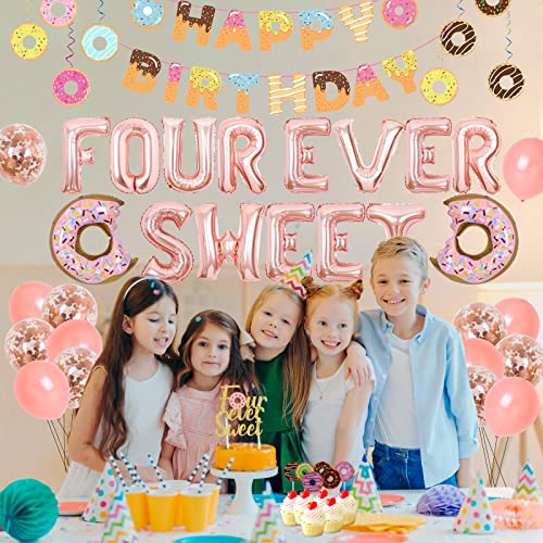 Donuts 4th Birthday Party Decorations, Four Ever Sweet Birthday Decorations for Girls with Donut Happy Birthday Banner, Hanging Swirls, Four Ever Sweet Balloons and Cake Topper