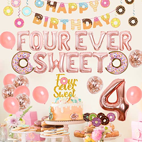 Donuts 4th Birthday Party Decorations, Four Ever Sweet Birthday Decorations for Girls with Donut Happy Birthday Banner, Hanging Swirls, Four Ever Sweet Balloons and Cake Topper