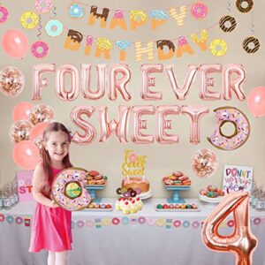 Donuts 4th Birthday Party Decorations, Four Ever Sweet Birthday Decorations for Girls with Donut Happy Birthday Banner, Hanging Swirls, Four Ever Sweet Balloons and Cake Topper