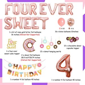 Donuts 4th Birthday Party Decorations, Four Ever Sweet Birthday Decorations for Girls with Donut Happy Birthday Banner, Hanging Swirls, Four Ever Sweet Balloons and Cake Topper