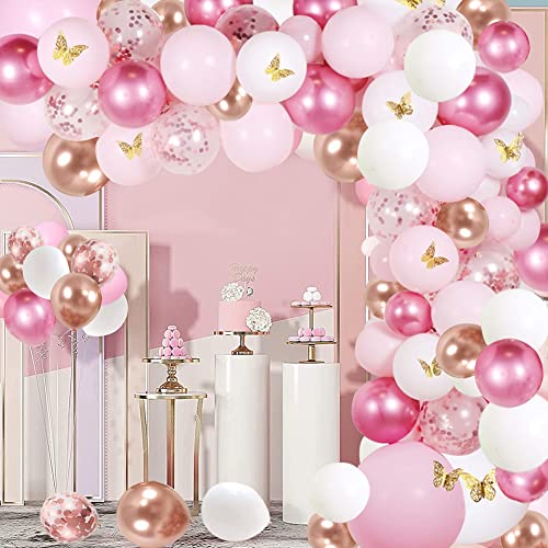 DUILE 144PCS Pink Balloons Garland Arch Kit Metallic Rose Gold Pink Rose Red Balloons Different Size for Birthday Party Bridal Baby Shower Wedding Party Decorations