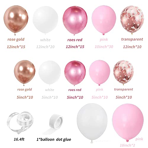 DUILE 144PCS Pink Balloons Garland Arch Kit Metallic Rose Gold Pink Rose Red Balloons Different Size for Birthday Party Bridal Baby Shower Wedding Party Decorations