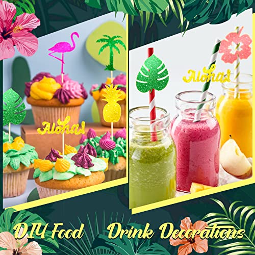 360 Tropical Hawaii Luau Confetti Flamingo Cupcake Toppers Pineapple Palm Leaves Hibiscus Flowers Confetti Table Decor for Summer Beach Party Baby Shower Wedding Aloha Party Supplies Favor