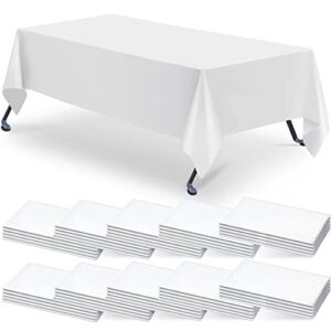 jecery 50 pcs disposable plastic tablecloth 60 x 126 inch decorative rectangle table cover plastic table cloth for indoor outdoor birthday wedding parties (white)