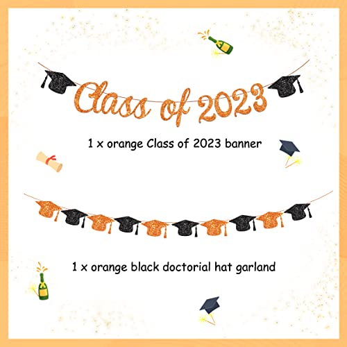 Class of 2023 Banner Orange 2023 Graduation Decorations Orange and Black Bachelor Cap Garland for Congrats Grad Party Supplies Graduation Theme Party Decor