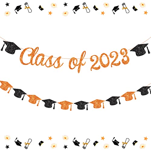 Class of 2023 Banner Orange 2023 Graduation Decorations Orange and Black Bachelor Cap Garland for Congrats Grad Party Supplies Graduation Theme Party Decor