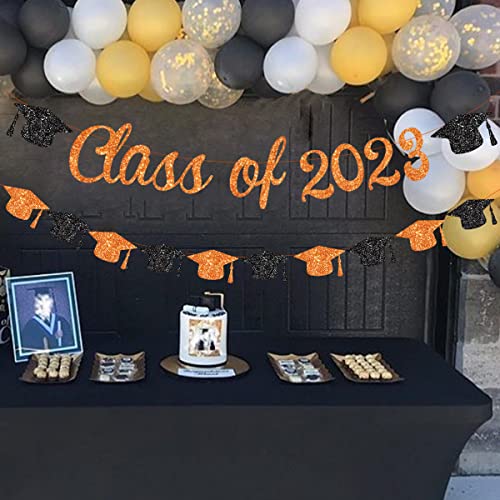 Class of 2023 Banner Orange 2023 Graduation Decorations Orange and Black Bachelor Cap Garland for Congrats Grad Party Supplies Graduation Theme Party Decor