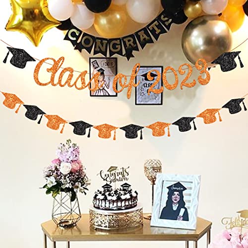 Class of 2023 Banner Orange 2023 Graduation Decorations Orange and Black Bachelor Cap Garland for Congrats Grad Party Supplies Graduation Theme Party Decor