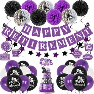 retirement party decorations purple black, xourspaty retirement decorations supplies for women female friends happy retirement banner latex balloons with hanging swirls paper pompoms cake toppers kit