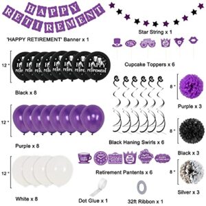 Retirement Party Decorations Purple Black, Xourspaty Retirement Decorations Supplies for Women Female Friends Happy Retirement Banner Latex Balloons with Hanging Swirls Paper Pompoms Cake Toppers Kit