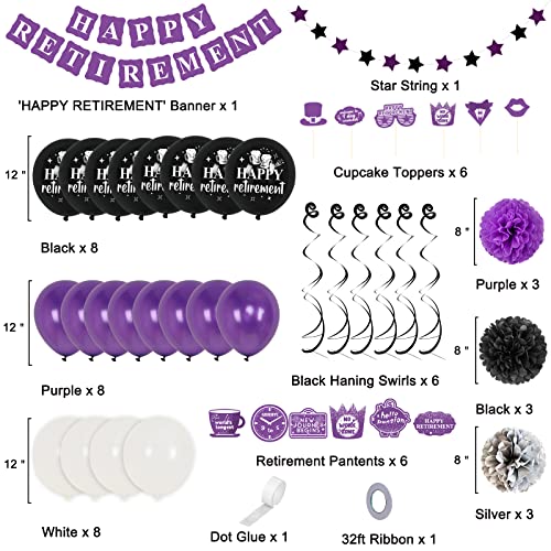 Retirement Party Decorations Purple Black, Xourspaty Retirement Decorations Supplies for Women Female Friends Happy Retirement Banner Latex Balloons with Hanging Swirls Paper Pompoms Cake Toppers Kit