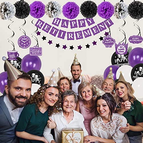Retirement Party Decorations Purple Black, Xourspaty Retirement Decorations Supplies for Women Female Friends Happy Retirement Banner Latex Balloons with Hanging Swirls Paper Pompoms Cake Toppers Kit
