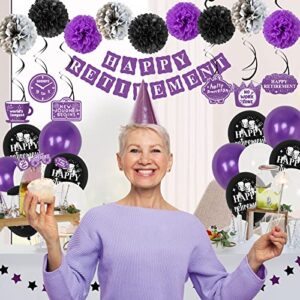 Retirement Party Decorations Purple Black, Xourspaty Retirement Decorations Supplies for Women Female Friends Happy Retirement Banner Latex Balloons with Hanging Swirls Paper Pompoms Cake Toppers Kit