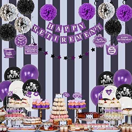 Retirement Party Decorations Purple Black, Xourspaty Retirement Decorations Supplies for Women Female Friends Happy Retirement Banner Latex Balloons with Hanging Swirls Paper Pompoms Cake Toppers Kit