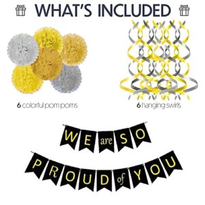 Graduation Decorations, Graduation party decorations 2023, Graduation Party Decorations Graduation Party Supplies 2023,We are So Proud of You Banner With 6 Pom Poms 2 Gold 2 Yellow 2 Silver, 6 swirls 3 gold 3 Silver