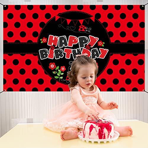 Vlipoeasn Ladybug Themed Party Supplies, Cute Ladybird Birthday Decorations for Girls, Black Red Ladybug Happy Birthday Banner Backdrop, Ladybug Baby Shower Decorations