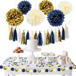 nicrolandee navy blue gold party decoration kit nautical baby shower hanging pom poms paper garland party confetti for navy party get ready bridal shower wedding birthday bachelorette (navy gold)