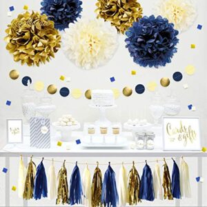 NICROLANDEE Navy Blue Gold Party Decoration Kit Nautical Baby Shower Hanging Pom Poms Paper Garland Party Confetti for Navy Party Get Ready Bridal Shower Wedding Birthday Bachelorette (Navy Gold)