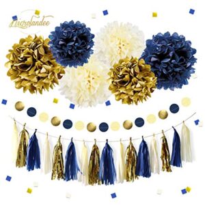 NICROLANDEE Navy Blue Gold Party Decoration Kit Nautical Baby Shower Hanging Pom Poms Paper Garland Party Confetti for Navy Party Get Ready Bridal Shower Wedding Birthday Bachelorette (Navy Gold)