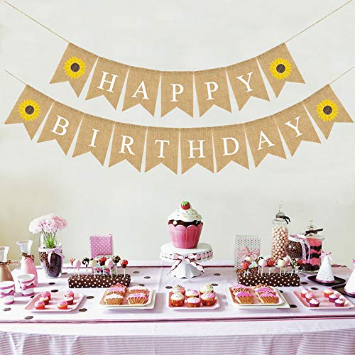 Happy Birthday Banner Bunting Decorative Burlap Banner Sunflower Pattern Flag Party Supplies