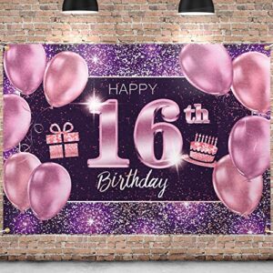 pakboom happy 16th birthday banner backdrop – 16 birthday party decorations supplies for girl – pink purple gold 4 x 6ft