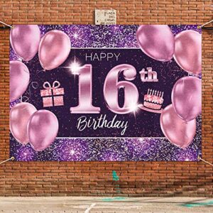 PAKBOOM Happy 16th Birthday Banner Backdrop - 16 Birthday Party Decorations Supplies for Girl - Pink Purple Gold 4 x 6ft