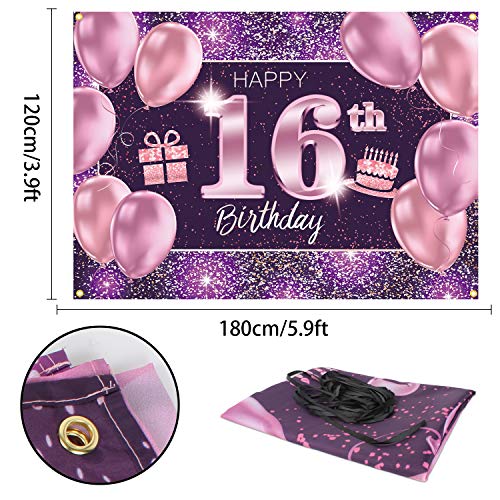 PAKBOOM Happy 16th Birthday Banner Backdrop - 16 Birthday Party Decorations Supplies for Girl - Pink Purple Gold 4 x 6ft