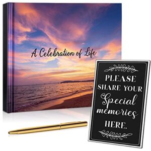 124 pages funeral guest book celebration of life guest book for memorial service hardcover guest book, in loving memory golden pen and memory table card sign included, set of 3 pieces(elegant style)