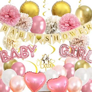 baby shower decoration for girls – pink rose gold baby girl shower balloons with rustic banner floral pom poms and hanging swirls decor kit(gold+pink)