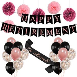 retirement party decorations for women, rose gold happy retirement banner officially retired sash confetti balloons paper pom poms set for retirement decorations party supplies