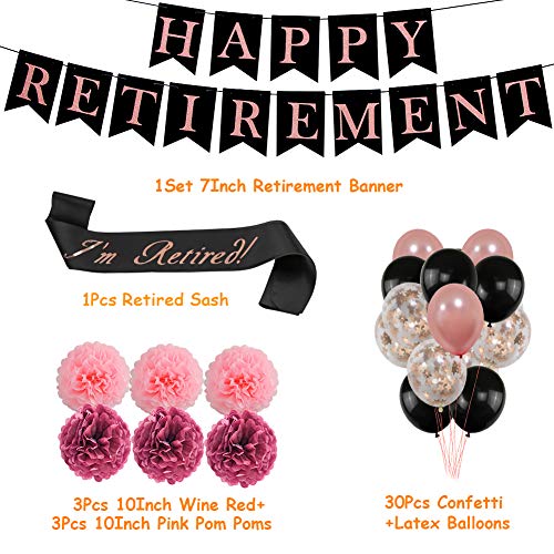 Retirement Party Decorations for Women, Rose Gold Happy Retirement Banner Officially Retired Sash Confetti Balloons Paper Pom Poms Set for Retirement Decorations Party Supplies