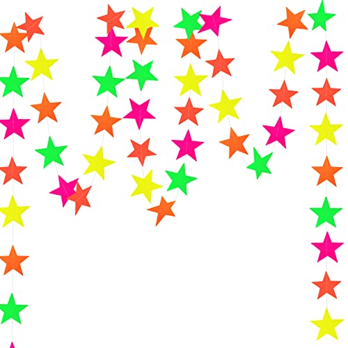60Ft Star Neon Garland Hanging Paper Glow Party Neon Party Hanging Decoration for Birthday Wedding Neon Party Background Decoration Supplies(4Pcs)