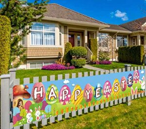 large happy easter sign banner, rustic easter celebration decorations, easter spring sign banner hanging decoration, easter party decoration backdrop photo props, indoor outdoor (9.8 x 1.6 feet)