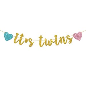 it’s twins banner – gold glitter baby shower bunting gender reveal party for babies twin decorations supplies