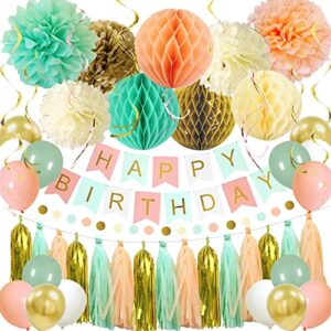 birthday party decorations for girls women her with happy birthday banner,honeycomb ball,circle dots garland,hanging swirls paper pompoms,paper tassels garland for mint green gold peach birthday decor