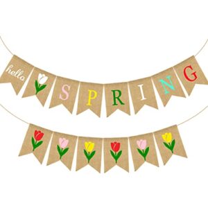 doumeny hello spring burlap banner colorful spring bunting banner jute tulip flower bunting garland spring theme party banner with flower for mantle fireplace wall door party spring break celebration