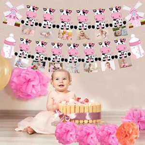 Cow First Birthday Party Decoration for Girls Pink Cow Theme 1st Birthday Photo Banner for Newborn to 12 Months for Baby Girls Farm Theme 1st Birthday Party Supplies